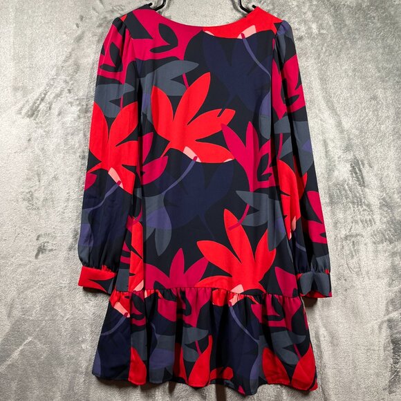 Ann Taylor Loft Dress Medium Red Fleur Floral Shift Long Sleeve Zip Up Preppy - Picture 2 of 8